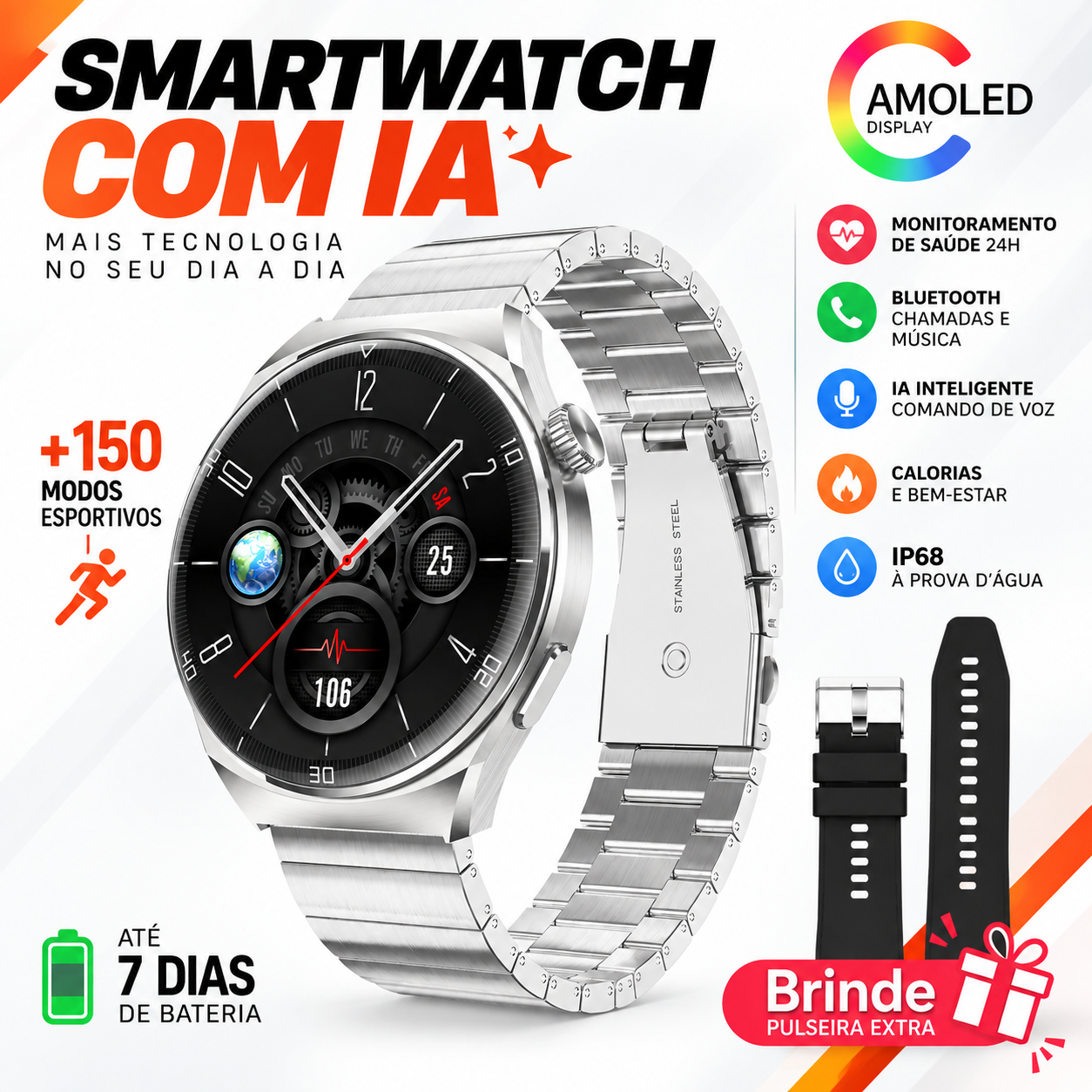 Smartwatch Aurafit AM05 com IA — tela AMOLED 1,43", +150 modos esportivos, Bluetooth, IP68 e pulseira extra de brinde
